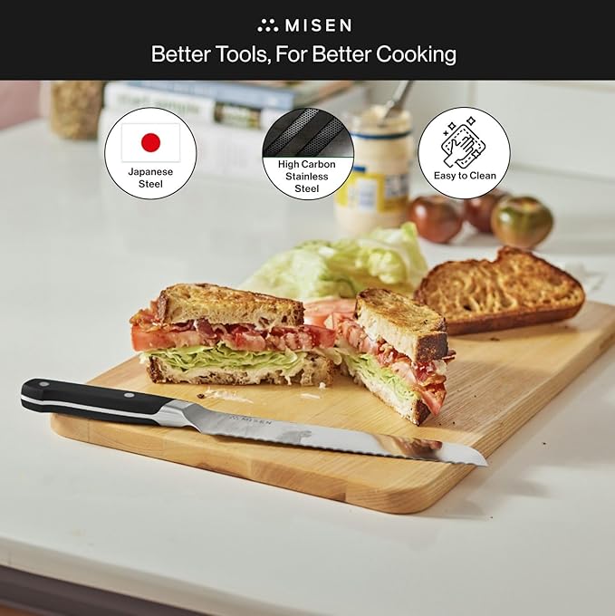 Misen Serrated Bread Knife – High-Carbon Japanese AUS8 Steel – Effortless Slicing of Bread, Pastries, and Fruits – Razor-Sharp Edge and Durable Blade with Ergonomic Handle - 10", Gray