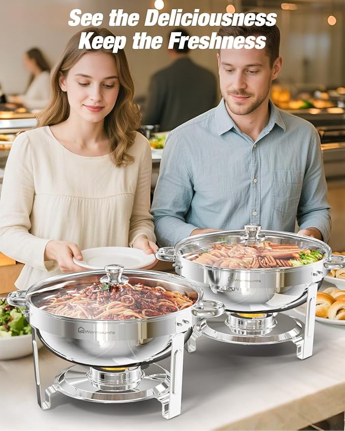 Round Chafing Dishes for Buffet with Glass Lid (5QT, 4 Pack), Chafers and Buffet Warmers Set with Mirror-Polished Stainless Steel, Rolled Rim, Stackable, Lid Holder for Parties, Catering