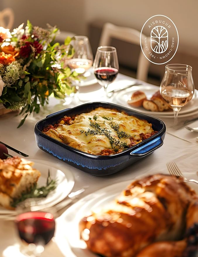 8x8 Baking Pan Ceramic Square Baking Dish Lasagna Pan with Double Handles Deep Casserole Dish for Brownie, Lasagna, Roasting and Great for Kitchen Decor (Reactive Glaze Blue)