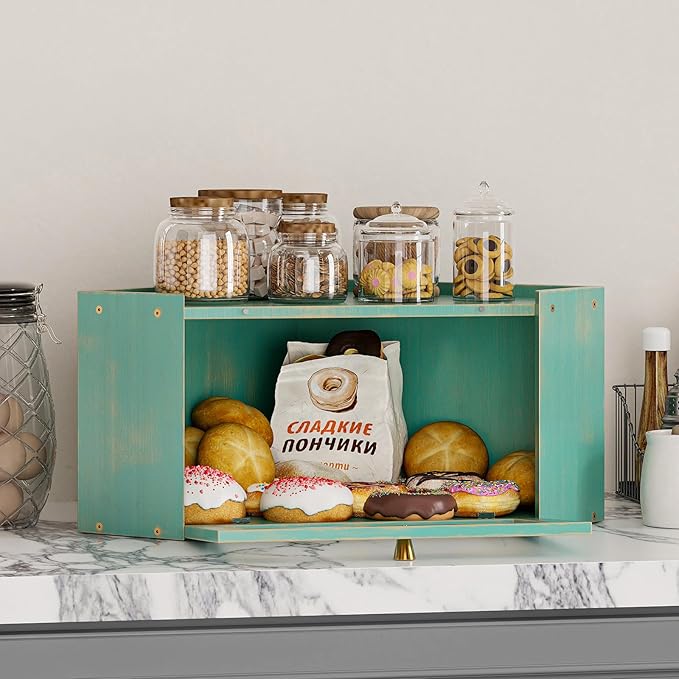 Corner Bamboo Bread Box for Kitchen Counter Large Capacity Rustic Bread Storage Container with Wavy Arcylic Transparent Door Vintage Storage for Homemade Bread (Antique Blue)