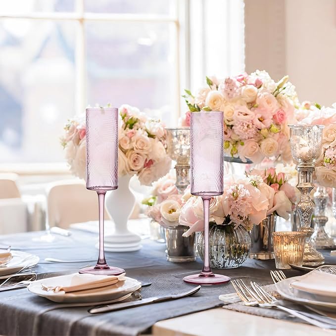 24 Pieces Pink Champagne Flutes,6 OZ Twill Pattern Striped Vintage Stem Glasses Stemware Wine Glasses Champagne Long Stem Drinking Colored Glasses Goblets for Wedding Cocktail Cups,Cava, Prosecco