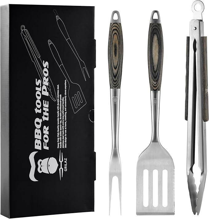 Stainless Steel BBQ Tool Set with Veined-Dyed Wooden Handles | Heavy Duty Grilling Accessories | 3-Piece Outdoor Barbecue Grill Utensil Set with Spatula, Fork, and Tongs - Ideal Gift for Men…