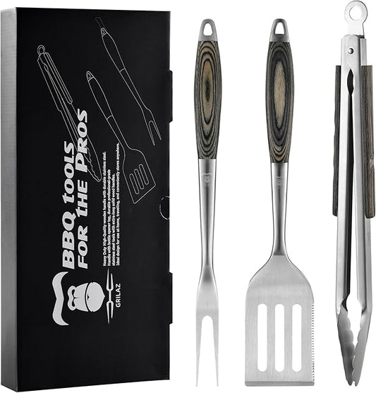 Stainless Steel BBQ Tool Set with Veined-Dyed Wooden Handles | Heavy Duty Grilling Accessories | 3-Piece Outdoor Barbecue Grill Utensil Set with Spatula, Fork, and Tongs - Ideal Gift for Men…