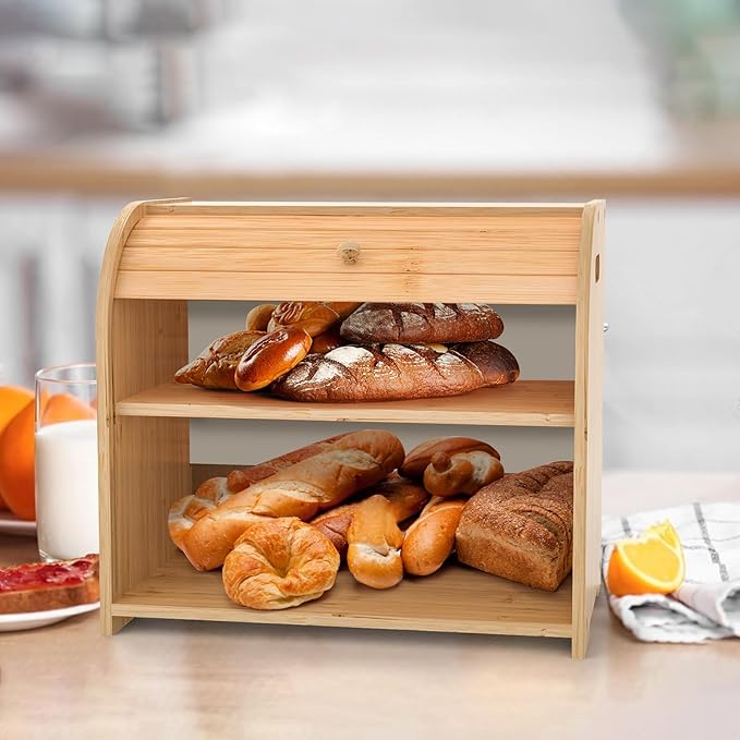 Bamboo Bread Box for Kitchen Countertop, Roll-top Breadbox Breads Storage Boxe with Adjustable Middle Shelf