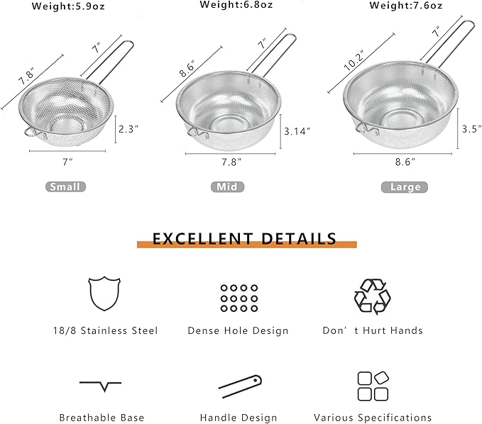 Metal Fine Mesh Strainer and Colander for Kitchen with Handle, Stainless Steel Pasta Strainer/Kitchen Funnel/Collander/Sifter for Strain/Wash Vegetables, Fruits, Spaghetti, Rice (10.2＂)