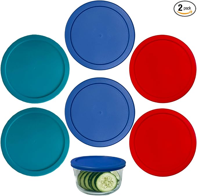 7 Cup/1.65 L Replacement Lids/Covers for Pyrex 7402-PC, Anchor Hocking & KlareWare Storage Bowls *Lids Only - Glass Container Not Included* (Turquoise, Blue, Red, 6 Pack)