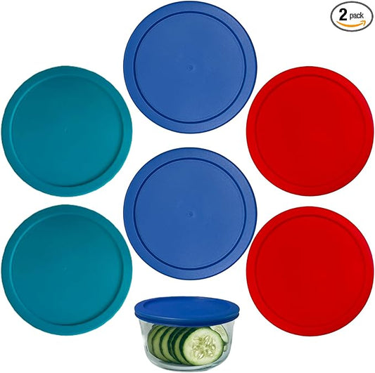 7 Cup/1.65 L Replacement Lids/Covers for Pyrex 7402-PC, Anchor Hocking & KlareWare Storage Bowls *Lids Only - Glass Container Not Included* (Turquoise, Blue, Red, 6 Pack)