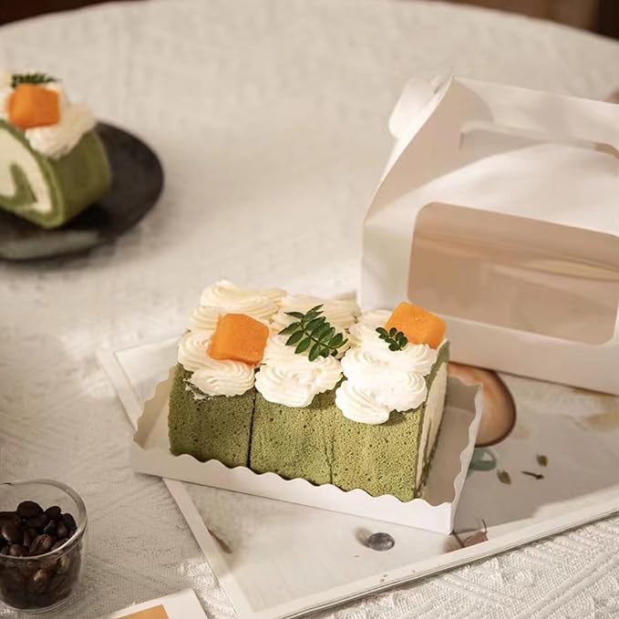 30 Pcs 6.3 Inch Window Roll Cake Gable Boxes Bulk with Handle & Cake Boards, Homemade & Bakery White Paper Favor Containers, Easy Carrying, Gift Boxes for Christmas Wedding