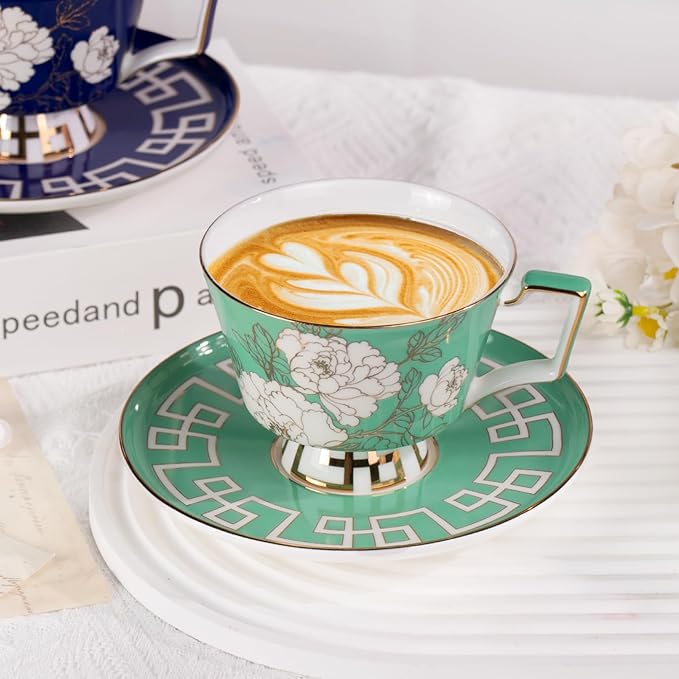 KAMMAK Ceramic Tea Cup and Saucer Set with Gold Trim, Peony Flower Pattern, 240ml Elegant Bone China Coffee Cup Set in Navy Blue & Teal Green, Ideal for Afternoon Tea, Gift for Women