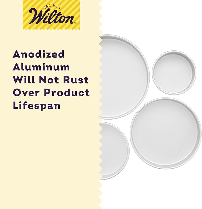Wilton Aluminum Round Cake Pan Set, 4-Piece for Layered Cakes,Durable, Even Heating, Rust-Resistant, Professional Bakeware, 8, 10, 12 in., Package May Vary