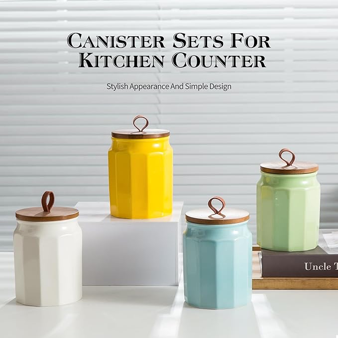Ceramic Canister Sets for Kitchen Counter, 4-Piece Food Airtight Storage Jars for with Wood Lid, Storage Container for Coffee, Flour, Tea, Candy, Cookie, Spice