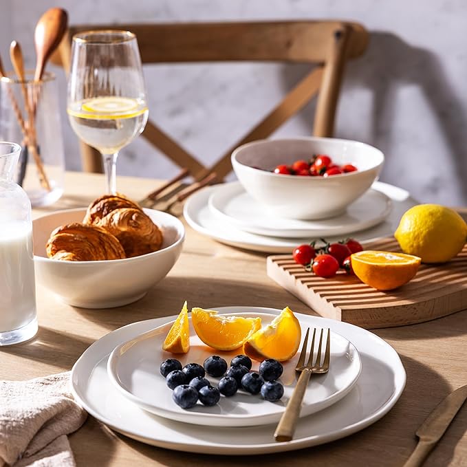 LERATIO Ceramic Dinnerware Sets for 4,Porcelain Plates and Bowls Sets with Wavy Edge,Microwave & Dishwasher & Oven Safe,Light Weight & Scratch Resistant Dishes Sets-Service for 4 (12pcs)-White