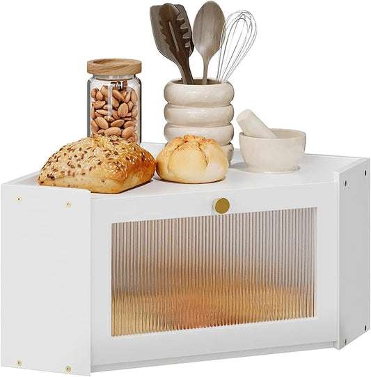 Corner Bamboo Bread Box for Kitchen Counter Large Capacity Rustic Bread Storage Container with Wavy Arcylic Transparent Door Vintage Storage for Homemade Bread (White)