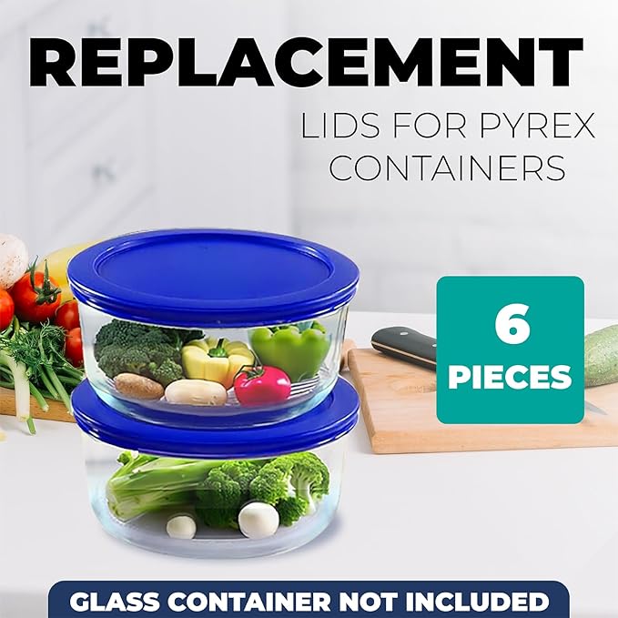 Replacement Lids for Pyrex Containers Round Glass Food Plastic - (2) 2-Cup Orange, (2) 4-Cup Teal, (2) 7-Cup Blue - BPA-Free, Dishwasher & Microwave Safe