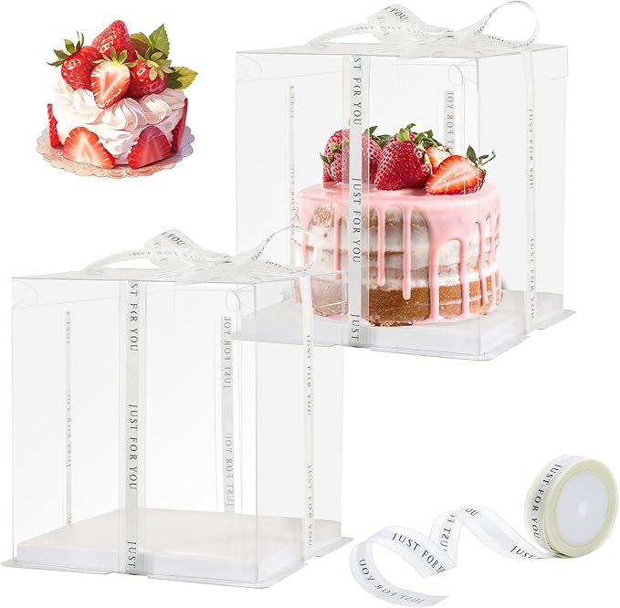 cake box-8 * 8 * 9inch/8pcs, Clear Display Gift Boxes with RibbonStackable Food Storage Containers for Pastry (Clear, 8 * 8 * 9 inch/8pcs)
