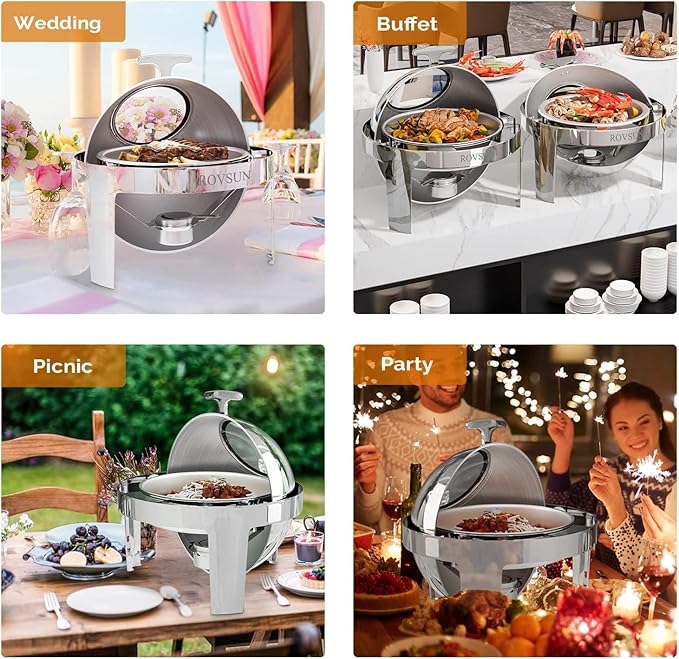 ROVSUN 6 Quart Round Roll Top Chafing Dish Buffet Set, Stainless Steel Chafer for Catering, Food Warmer with Glass Window for Party Wedding Banquet Graduation Event,Silver