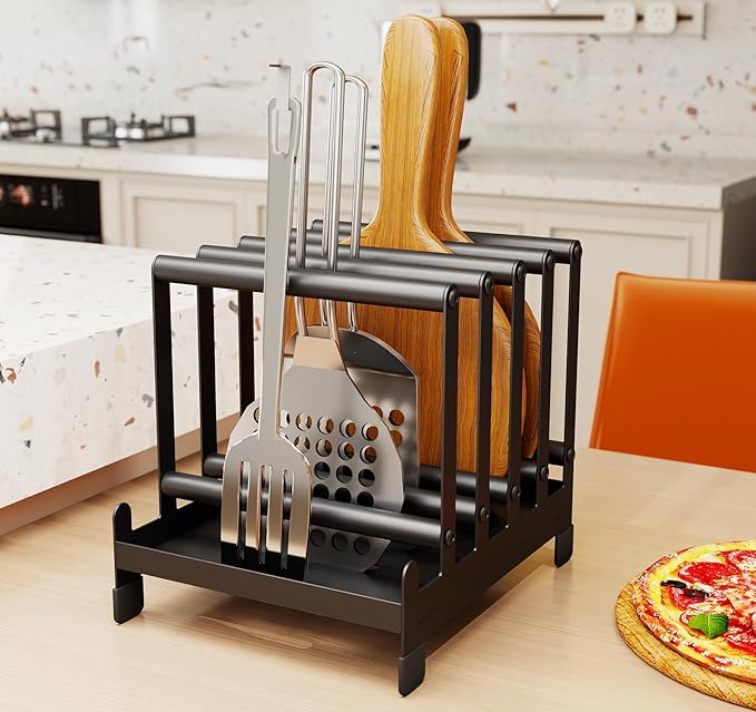 lesolar Pizza Peel Rack with 5 Slots, Steel Pizza Turner Pizza Paddle Organizer, Pizza Holder Rack with Non-Slip Feet, Pizza Turning peel Holder Rack Space Saving, Outdoor Pizza Oven Accessories