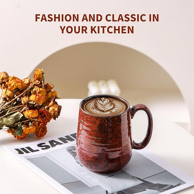 Hasense Coffee Mugs Set of 6, 15 Ounce Ceramic Coffee Cups Set with Handle,Porcelain Tea Mug for Kitchen, Red Cup for Tea,Cocoa,Dishwasher and Microwave Safe