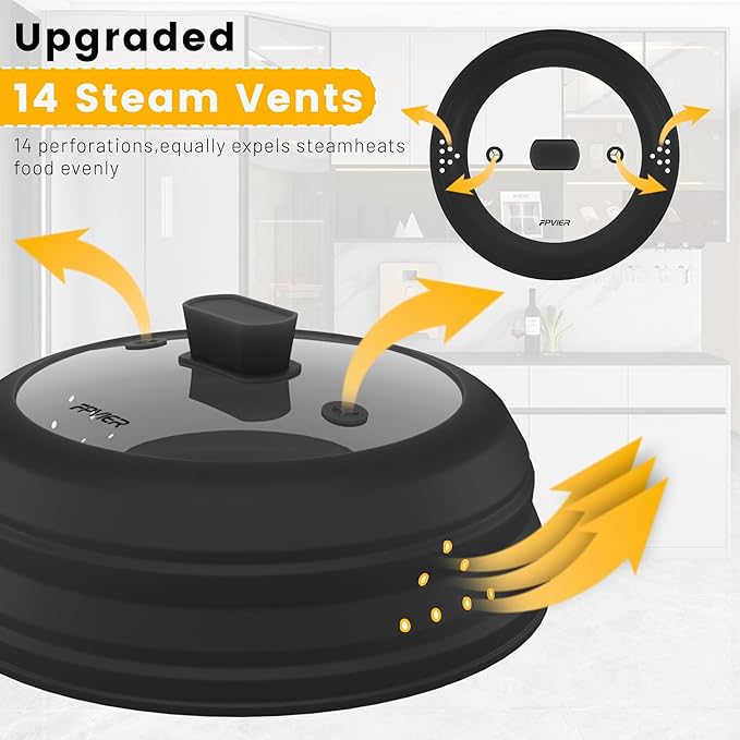 Microwave Splatter Cover, Collapsible Silicone Microwave Plate Cover with Glass for Food Splatter Guard Lid 11.8 inch Black