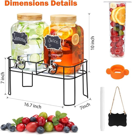 2 Pack 1 Gallon Glass Drink Dispenser with Bamboo Lid, Beverage Dispenser with Stand, Drink Machine for Lemonade, Iced Drinks Kombucha Dispenser