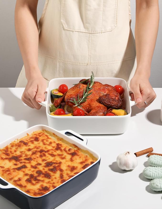 Sweejar 8x8 Baking Pan,Ceramic Casserole Dishes for Oven with Double Handles，2 QT Square Cake Baking Dish for Brownie,Lasagna,Casseroles,Family Dinner(White)