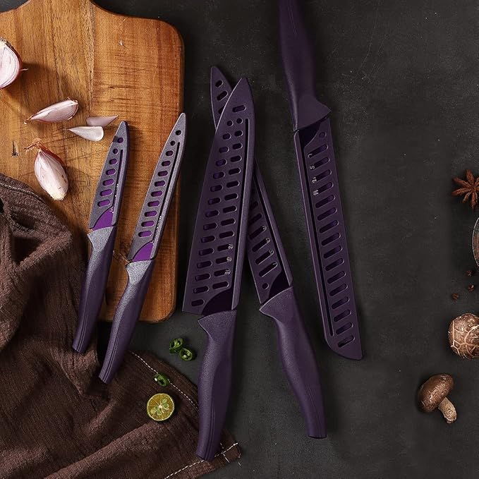 Wanbasion Purple 5 Piece Knife Set for Kitchen Professional, Stainless Steel, Kitchen Knife Set Dishwasher Safe with Covers