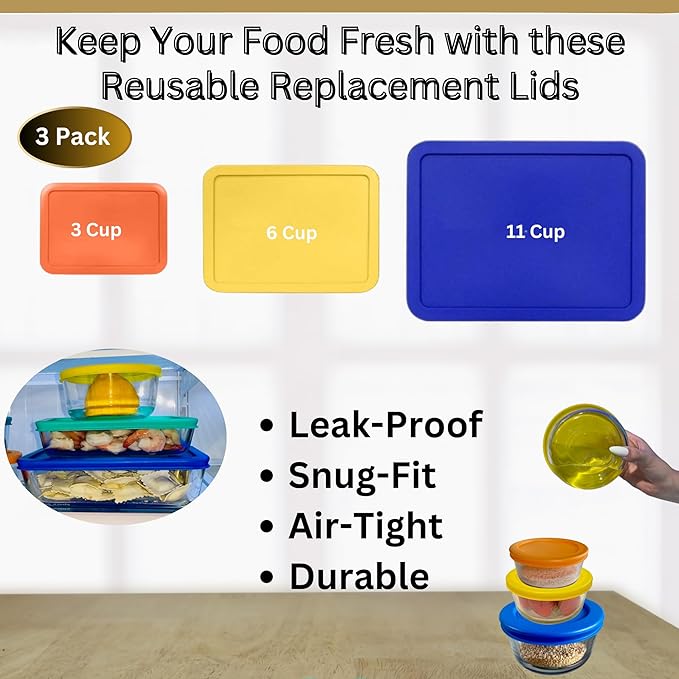 3, 6 & 11 Cup Orange, Yellow, Blue Replacement Lids/Covers for Pyrex, Anchor Hocking & KlareWare Storage Bowls *Lids Only Glass Container Not Included* (3 Pack *One of Each Size*)