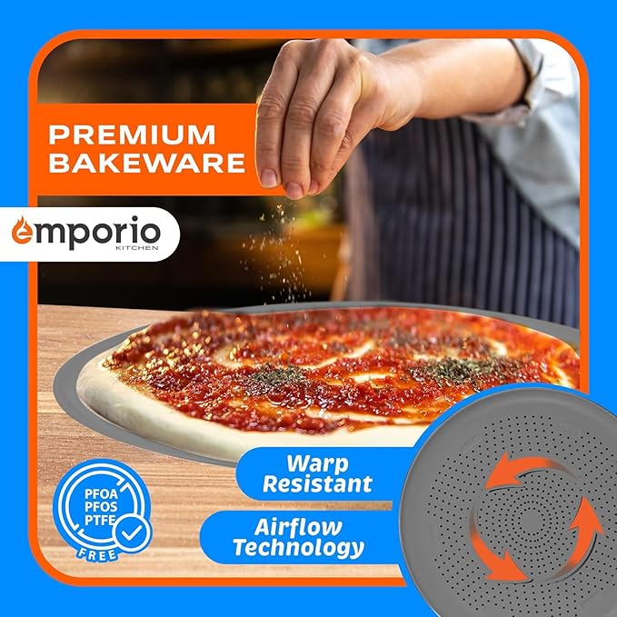 Non-Stick Pizza Pan 1 Pack – 16 Inch Round Carbon Steel Pizza Tray with Perforated Holes, PFOAPFOSPTFE-Free, Dishwasher & Oven Safe Up To 450°F, Durable Nonstick Silver Coating