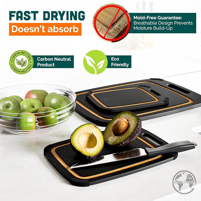 Earth’s Dreams Wood Cutting Board Set 3-Piece: Small, Large & Extra Large - Charcuterie Board, Non-Plastic, Non-Toxic, Heavy-Duty, Dishwasher Safe (Black/Tan)