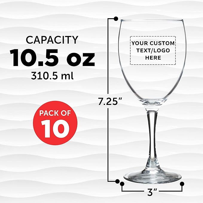 Custom Nuance Wine Glasses by ARC 10.5 oz. Set of 10, Personalized Bulk Pack - Restaurant Glassware, Perfect for Red Wine, White Wine, Cocktails - Clear