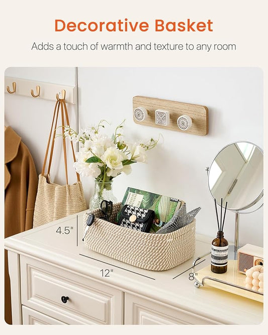 Small Woven Basket, 12 x 8 x 4.5 Inches, Storage Basket for Organizing, Cute Small Rope Shelf Closet Cube Storage Bins Baskets for Shelves, Dog Toy Gift Baskets Empty, 3 Pack Brown