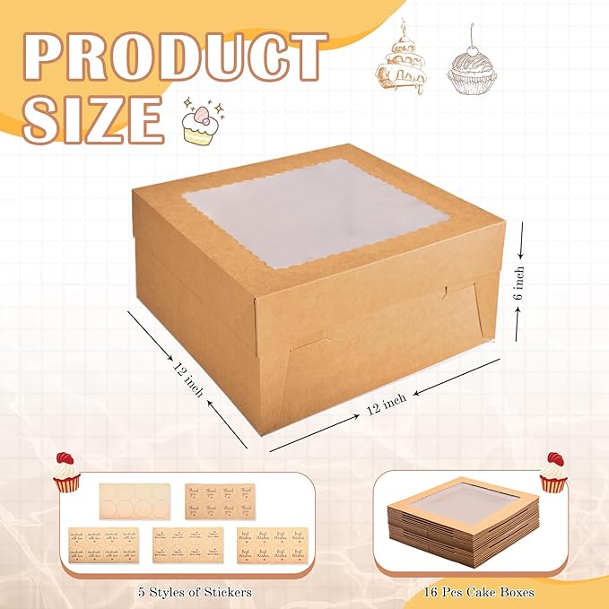 16Pcs 12x12x6 Inch Cake Boxes with Window, Brown Bakery Boxes, Cake Carrier Container for Pastries, Pie, Cookies, Chocolates, Cupcakes, Birthday Party, Wedding