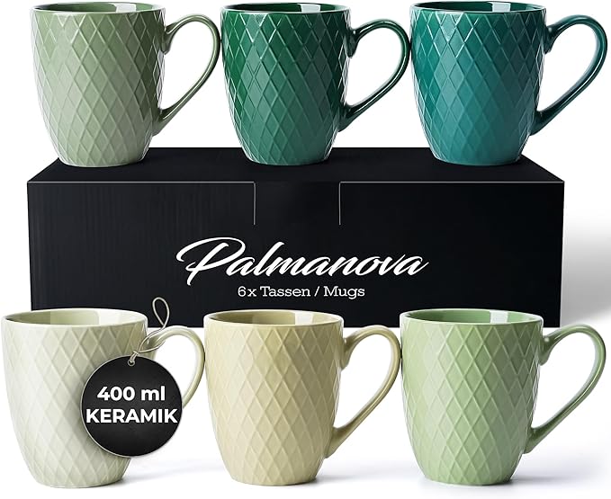 MIAMIO - Coffee Mugs set of 6 / Coffee Cups - 6 x 14 Oz Ceramic Mugs - Large Coffee Mugs - Microwave & Dishwasher safe - Palmanova Collection (Green)