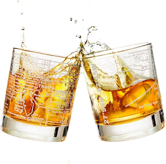 Greenline Goods Whiskey Glasses - 10 Oz Tumbler Gift Set for Tampa lovers, Etched with Tampa Map Old Fashioned Rocks Glass - Set of 2