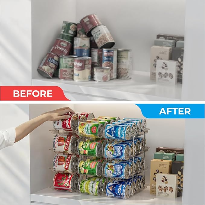 Stackable 4 Tiers Can Organizer Pantry, Canned Food Holder for Fridge Holds 48 Cans, Free Combination & Automatic Rolling, Space Saving Storage for Refrigerator Kitchen Pantry, Clear