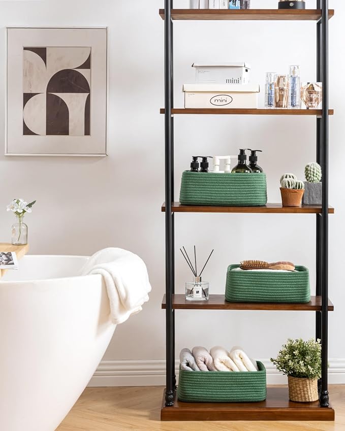 Small Woven Basket, 12 x 8 x 4.5 Inches, Storage Basket for Organizing, Cute Small Rope Shelf Closet Cube Storage Bins Baskets for Shelves, Dog Toy Gift Baskets Empty, 3 Packs, Green