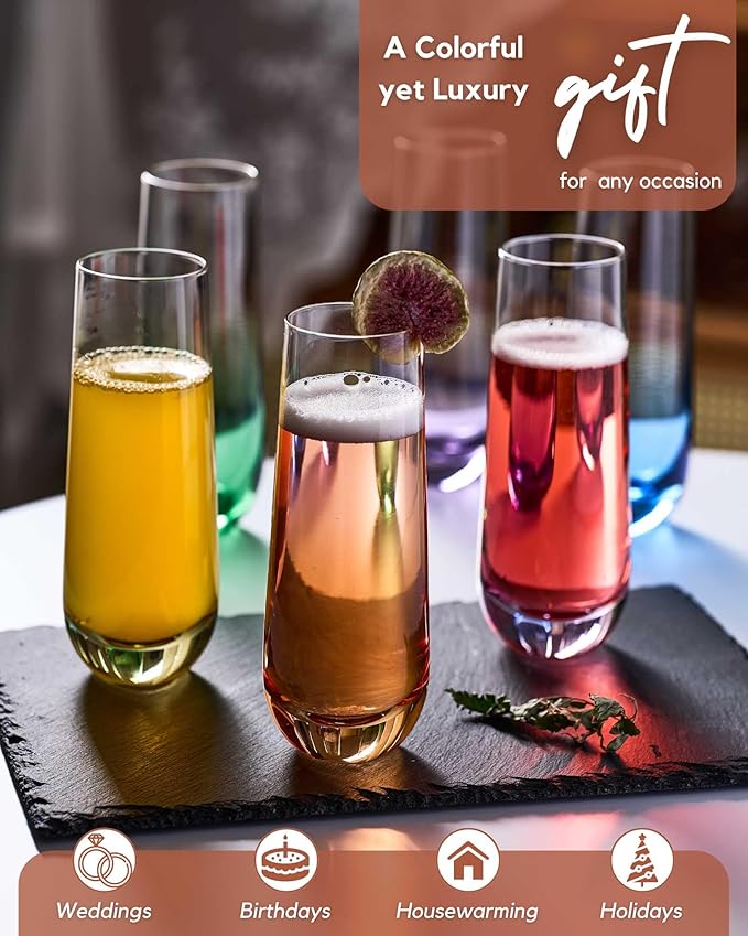 ColoVie Stemless Champagne Glasses Set of 6- Colored Champagne Flutes- Wedding Toasting Glass- Bridesmaid Gift- Mimosa Glass- Crystal Bar Glassware- Birthday Cocktail Party, 9.6oz