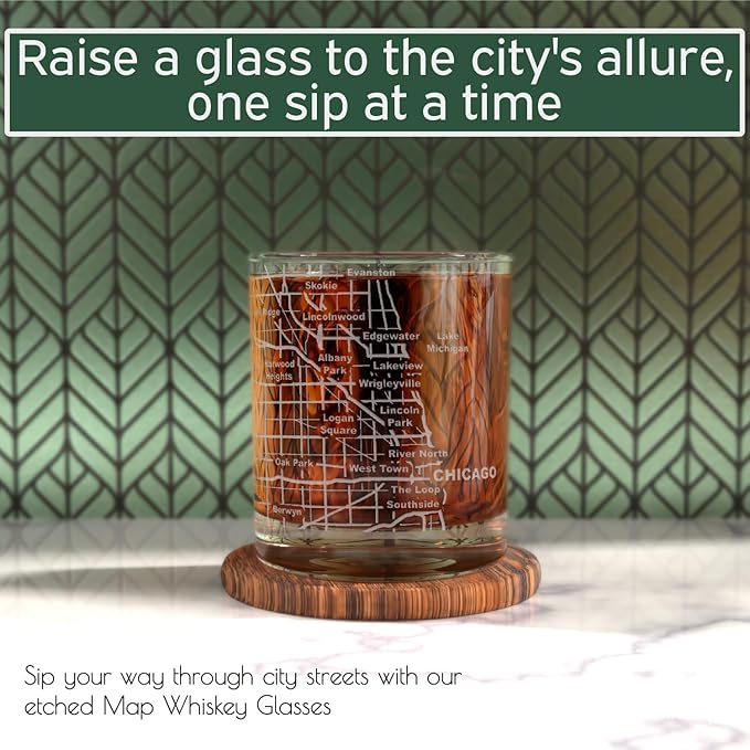 Greenline Goods - Chicago Map Etched Whiskey Glass Perfect for Bourbon, Scotch, Liquor, Cocktail - Crystal Whiskey Glasses Set of 2 - Best Tasting Experience with Vintage Rocks Glasses