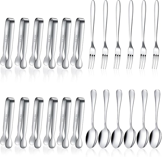 Cunhill 24 Pcs Charcuterie Accessories Mini Cocktail Tongs Small Serving Spoons and Appetizer Forks Stainless Steel Tongs Charcuterie Utensils for Valentine Party Supplies(Sharp Spoon,Silver)