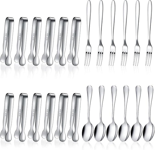 Cunhill 24 Pcs Charcuterie Accessories Mini Cocktail Tongs Small Serving Spoons and Appetizer Forks Stainless Steel Tongs Charcuterie Utensils for Valentine Party Supplies(Sharp Spoon,Silver)