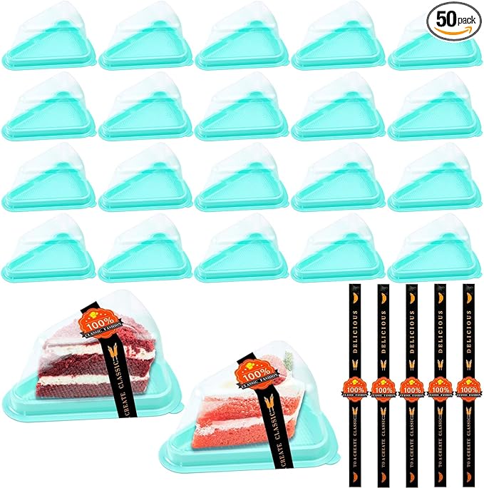 Cake Slice Container, 50 Pack Clear Plastic Cake Containers Cheesecake Container Pie Slice Box, Individual Pie Slice Box Disposable Cheesecake Containers For Pies Snack Dessert (Green)
