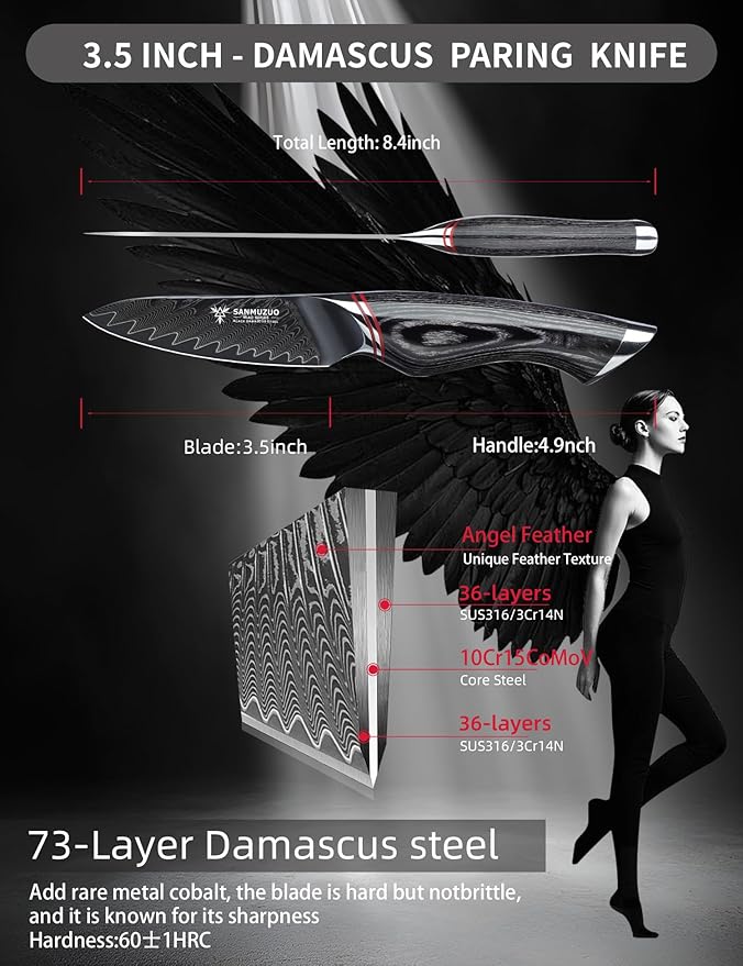 3.5 Inch Paring Knife - Fruit and Vegetable Peeling Knives, Black Damascus Steel with Ergonomic Handle - MIAO Series