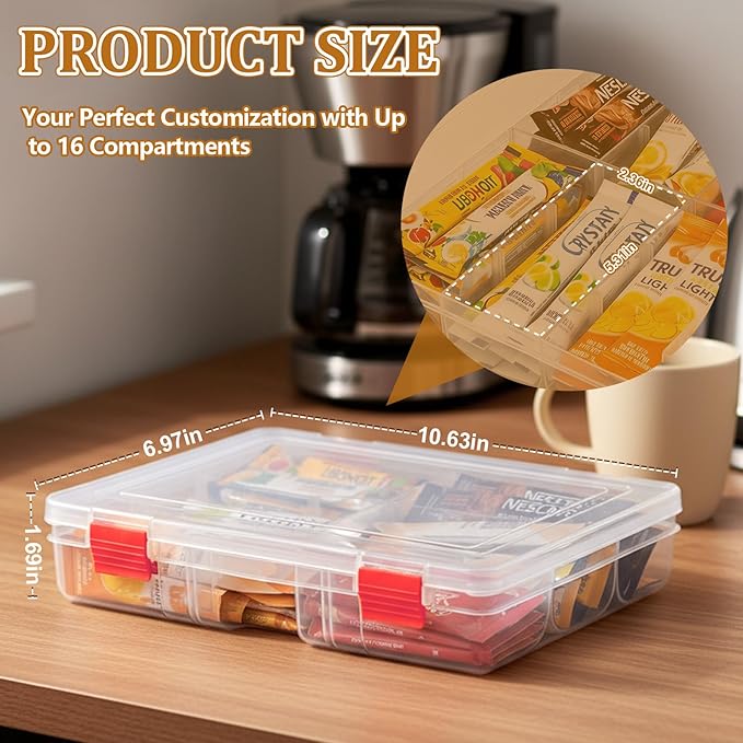 Water Packet Organizer – Stackable Clear Acrylic Water Flavor Packet Organization with Removable Dividers & Secure Lid for Kitchen, Countertop, Pantry, and Travel (Red)