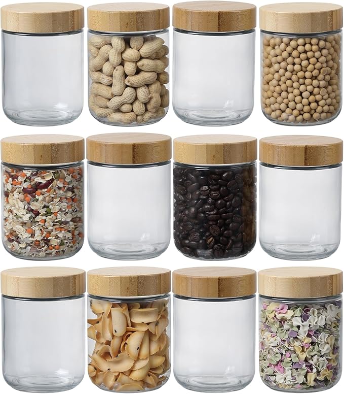 16 OZ Glass Mason Jars with Airtight Lids Wide Mouth Leakproof Pantry Organization Food-Grade Storage Containers for Honey,Salad,Yogurt and Snacks (Wooden Lid-12 Pack)