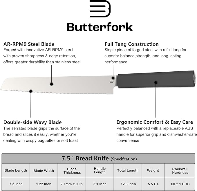 7.5" Serrated Bread Knife for Homemade Bread, Razor Sharp AR-RPM9 Steel & Innovative Wavy Edge, Professional Serrated Knife for Sourdough Bread Cake, Gift Box for Baker Home Chefs