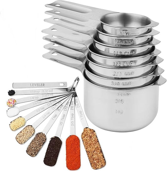 Measuring Cups and Spoons Set 17, Metric & US 18/8 Stainless Steel Measuring Cups and Spoons Set for Baking & Kitchen, Dry & Liquid Metal Measure Cup and Long Handle Spoons for Spice Jar