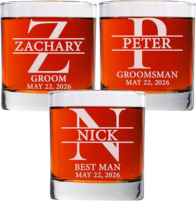 Set Of 3, Personalized Whiskey Glass For Groomsman Gifts, Best Man, Groom, 11oz Old Fashioned Custom Monogrammed Whiskey Glass