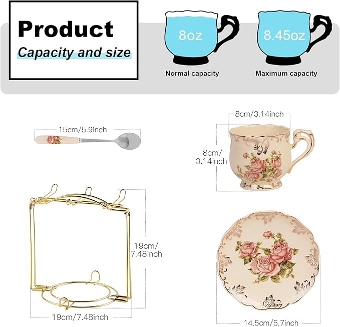 YOLIFE Tea Cups and Saucers Set of 6, Ivory Porcelain Tea Cups Set with Stand, Rose with Gold Leaves Trim Design, Gift for Women (Includes Gift Box, Tote Bag, Greeting Card)