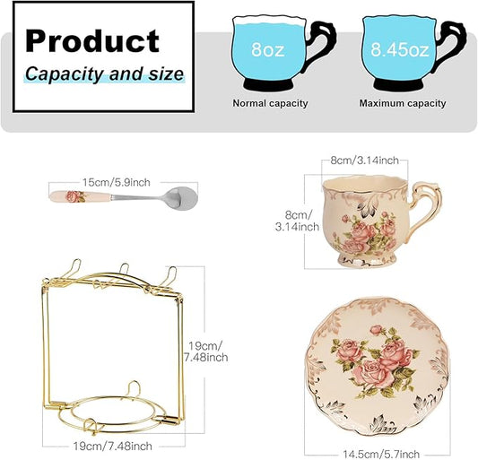 YOLIFE Tea Cups and Saucers Set of 6, Ivory Porcelain Tea Cups Set with Stand, Rose with Gold Leaves Trim Design, Gift for Women (Includes Gift Box, Tote Bag, Greeting Card)