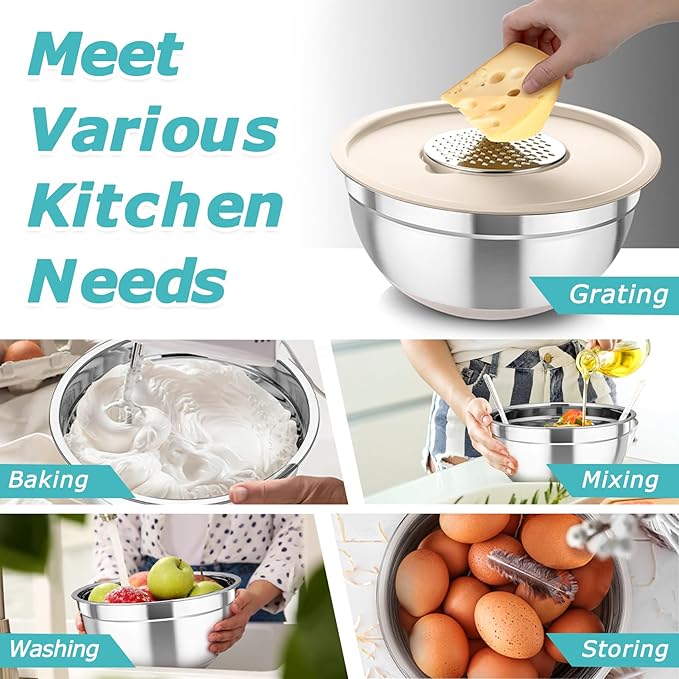 TeamFar Mixing Bowls, 5PCS Stainless Steel Nesting Salad Bowl with Lid & 3 Grater Attachments, for Prepping/Serving/Storing Food, Nontoxic, Airtight Lid & Non-slip Bottom - 4.6/3.5/2.5/1.5/1 QT